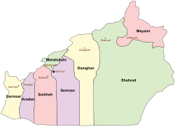 Location of Mehdishahr County in Semnan province (left, green)