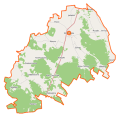 Mapa konturowa gminy Strachówka, blisko centrum na dole znajduje się punkt z opisem „Kąty Czernickie”