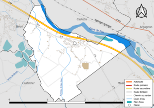 Carte en couleur présentant le réseau hydrographique de la commune