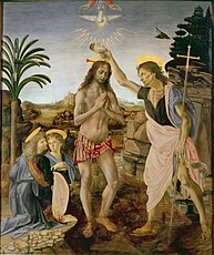 Painting showing Jesus, naked except for a loin-cloth, standing in a shallow stream in a rocky landscape, while to the right, John the Baptist, identifiable by the cross that he carries, tips water over Jesus' head. Two angels kneel at the left. Above Jesus are the hands of God, and a dove descending