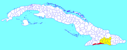 Guamá municipality (red) within Santiago Province (yellow) and Cuba