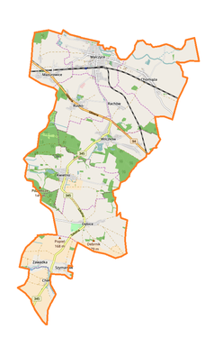 Mapa konturowa gminy Malczyce, na dole po lewej znajduje się punkt z opisem „Pałac w Chełmie”