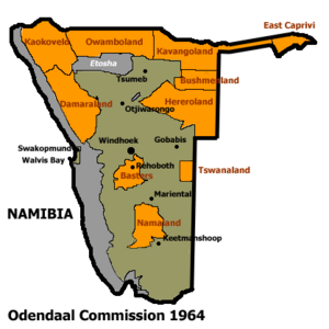 Allocation of Land to bantustans according to the Odendaal Plan. Hereroland is in the north-east.