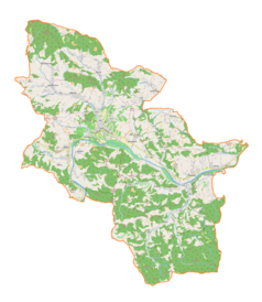 Mapa konturowa gminy Łącko, w centrum znajduje się punkt z opisem „Łączki (Wiesendorf)”