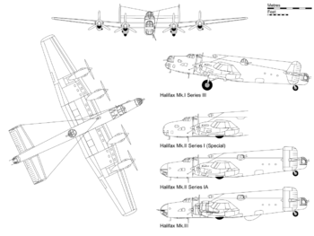 3-view projection of Halifax Mark I Series III, with profile details of other significantly different variants.