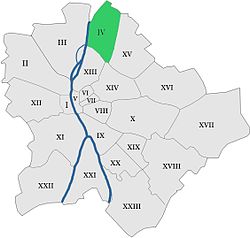 Kaupungin kartta, jossa Újpest korostettuna.