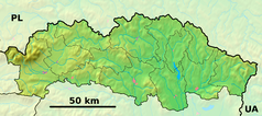 Mapa konturowa kraju preszowskiego, blisko centrum u góry znajduje się punkt z opisem „Bitwa pod Baridiowem”