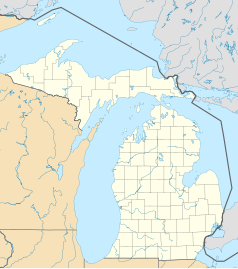 Mapa konturowa Michigan, blisko dolnej krawiędzi znajduje się punkt z opisem „Vicksburg”