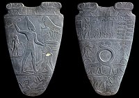 Egyptian palettes, such as the Narmer Palette (3200–3000 BCE), borrow elements of Mesopotamian iconography, in particular the sauropod design of Uruk.[33]