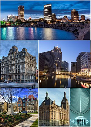 Clockwise from top: Milwaukee skyline from Discovery World, downtown at night along the Milwaukee Riverwalk, inside the Milwaukee Art Museum, Milwaukee City Hall, Burns Commons in the East Side neighborhood, and the historic Mitchell Building