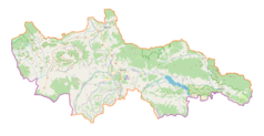 Mapa konturowa powiatu nowotarskiego, blisko centrum po lewej na dole znajduje się punkt z opisem „Stare Bystre”