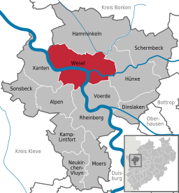 Läget för staden Wesel i Kreis Wesel