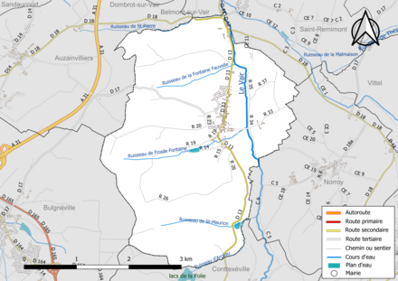 Carte en couleur présentant le réseau hydrographique de la commune