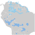 Lingue Arawakan in Sud America. Le lingue Arawakan settentrionali sono colorate in azzurro, mentre le lingue Arawakan meridionali sono colorate in blu scuro.