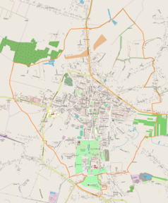 Mapa konturowa Buska-Zdroju, blisko prawej krawiędzi nieco na dole znajduje się punkt z opisem „Bronina”