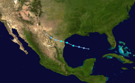 Map plotting the track and the intensity of the storm, according to the Saffir–Simpson scale