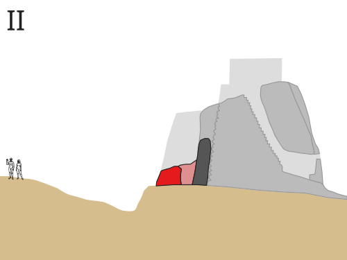 Fase II: S'hi va afegir un mur addicional (en vermell) i una rasa exterior. L'espai entre els dos murs (en rosat) es va omplir del material sortint de la rasa. Per reforçar la torre es va construir un mur de revestiment que va incorporar part del primer mur.