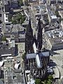 A "Bird's eye view" of the Dom from the east shows the cruciform plan, the proportion of the spires to the building and the radiating buttresses of the east end.