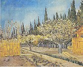 A painting of a blossoming orchard of many trees near wooden fences bordered by large cypress trees under a bright blue sky.