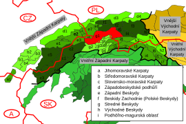 Oravské, Kysucké a Żywiecke Beskydy vyznačené červenou farbou