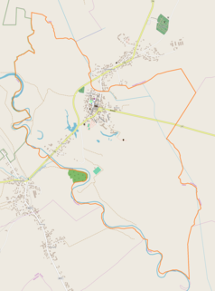 Mapa konturowa Wiślicy, blisko centrum u góry znajduje się punkt z opisem „Browary”