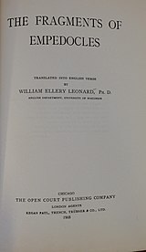 Title page to a 1908 copy of "The Fragments of Empedocles," translated by Leonard