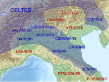 Carte de l'actuelle Italie du nord et des peuples qui l'habitait au temps de la Gaule cisalpine.