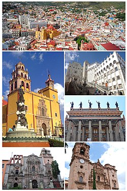 From the top to the left: Aerial view, Basílica colegiata de Nuestra Señora de Guanajuato, Juarez Theatre, Church of the Company, Universidad de Guanajuato main building, La Valenciana Church