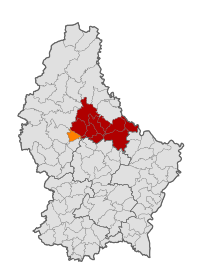 Map of Luxembourg with Mertzig highlighted in orange, and the canton in dark red