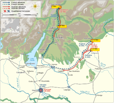 Theater map shows the battles of San Michele, 2nd Bassano, and Calliano in November 1796.