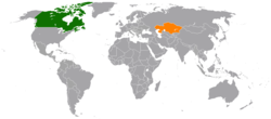 Map indicating locations of Canada and Kazakhstan