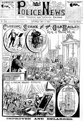 A cartoon drawing of Wilde in a crowded courtroom