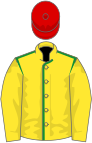 Yellow, green seams on body red cap