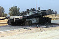 A destroyed Coalition M1A1 Abrams tank.