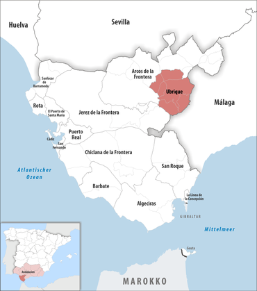 Die Lage des Gerichtsbezirk Ubrique in der Provinz Cádiz