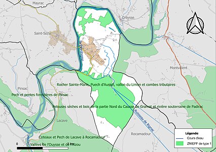 Carte des ZNIEFF de type 1 sur la commune.