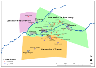 Une petite concession au nord-ouest (Mourière) avec deux puits, une grande concession au nord où se trouvent tous les puits anciens entre Ronchamp et Campagney ; une autre grande concession au sud comprenant surtout des puits récents creusés autour d'Éboulet et de Magny-Danigon.