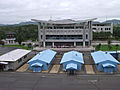 Panmunjeom, Blick aus dem nordkoreanischen Panmun-gak („Haus der Einheit“) auf die Südseite