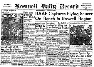 Ziarul din Roswell, Roswell Daily Record din 8 iulie 1947, anunțând "capturarea" unei "farfurii zburătoare," de către United States Army, în apropierea localității.