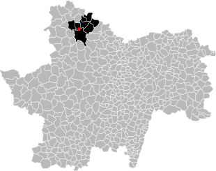 Carte des communes de Saône-et-Loire, présentant l'étendue du gisement de schiste bitumineux d'Autun en noir et la mine des Télots en rouge.