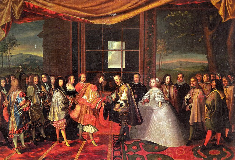 Jacques Laumosnier: Der Pyrenäenfrieden. Treffen von Ludwig XIV. mit Philipp IV. von Spanien und dessen Tochter Maria Teresa auf der Fasaneninsel, 1659. Ludwig XIV. und die französischen Herren auf der linken Seite tragen alle Rheingrafenhosen. Rechts die Spanier tragen immer noch die relativ steife, düstere spanische Hoftracht, die man zu dieser Zeit schon seit über 50 Jahren trug und die aus französischer Sicht hoffnungslos altmodisch, verstaubt und unelegant war.