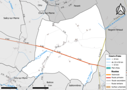 Carte en couleur présentant le réseau hydrographique de la commune