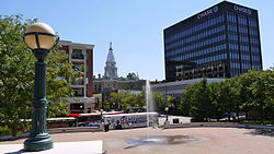 Downtown Lafayette and the Riehle Plaza & CityBus depot in August 2011.