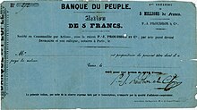 Azione della Banque du Peuple fondata da Pierre-Joseph Proudhon il 31 gennaio 1849 con un valore nominale di 5 franchi, preparata per l'emissione nel febbraio 1849 e firmata dallo stesso Proudhon