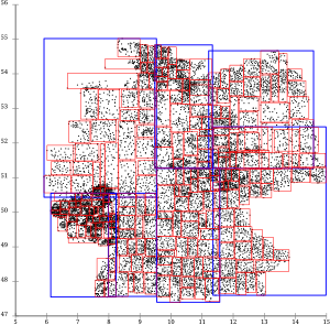 R*-tree topological split.[1] The pages overlap very little since the R*-tree tries to minimize page overlap, and the reinsertions further optimized the tree. The split strategy also does not prefer slices, so the resulting pages are much more useful for common map applications.