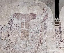 Photo of 15th century 15th century wallpainting of St Michael weighing a soul and St Mary using her rosary to intercede on the soul's behalf