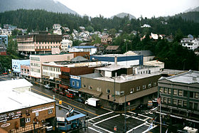 Downtown Ketchikan, with the intersection of Dock and Front Streets at bottom, photographed in May 2002