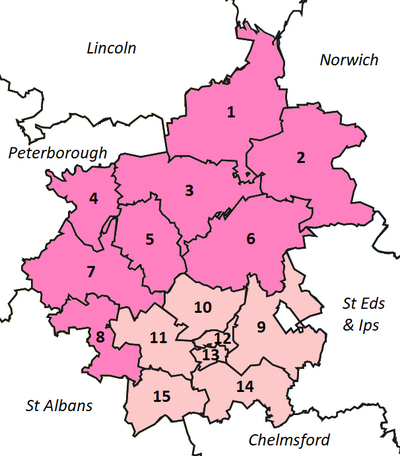 Dekanaten i Ely stift. (1) Wisbech Lynn Marshland (2) Fincham & Feltwell (3) March (4) Yaxley (5) St Ives (6) Ely (7) Huntingdon (8) St Neots (9) Fordham & Quy (10) North Stowe (11) Bourn (12) Cambridge North (13) Cambridge South (14) Granta (15) Shingay.