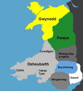 Wales' koninkrijken in 1093; Gwynedd in geel.