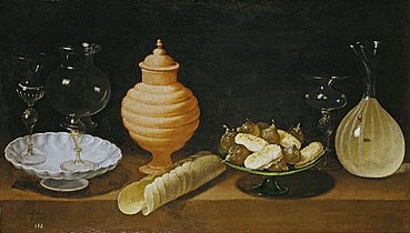 Bodegón de Juan van der Hamen, Museo del Prado. A los dos lados del tarro melero, dos salvillas: una con copas venecianas y otra con dulces.